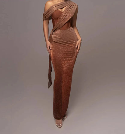 A&A Luxe One Shoulder Draped Sparkle Maxi Corset Dress