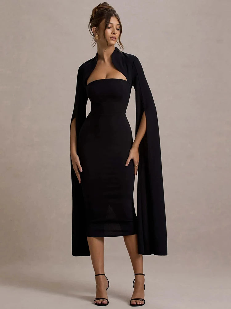 A&A Long Sleeve Cape Midi Dress