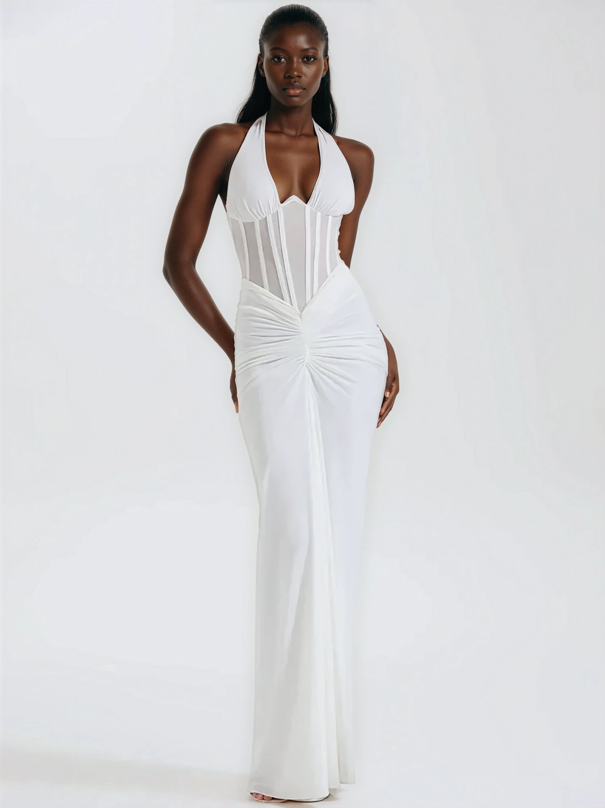 A&A Luxe Halter Corset Maxi Dress – Black & White Evening Gown