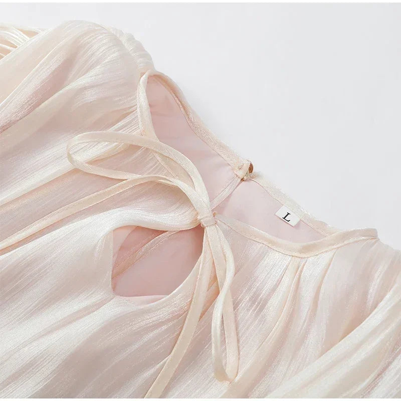 A&A Luxe Gardenia Pleated Ruffle Blouse Mini Dress