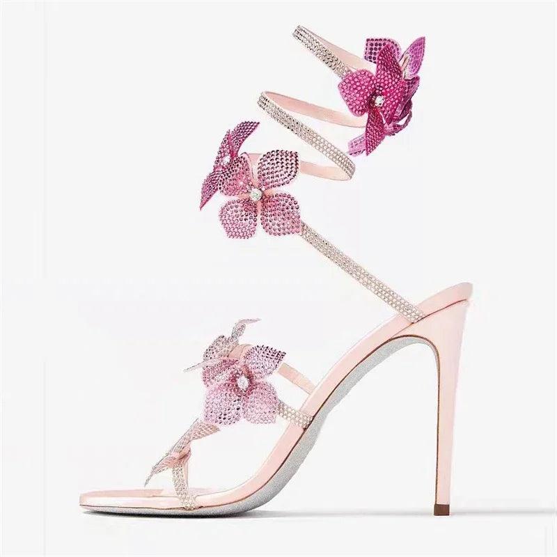 A&A Aeris Pink Crystal Flower Wrap Up Heels