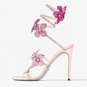 A&A Aeris Pink Crystal Flower Wrap Up Heels