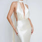 A&A Deep Plunge Satin Backless Maxi Evening Dress