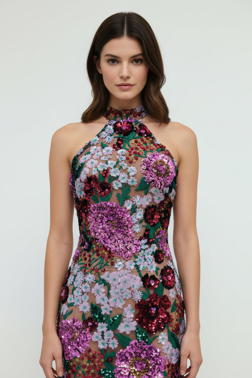 A&A Luxe Halter Neck Embroidered Floral Sequined Mini Dress