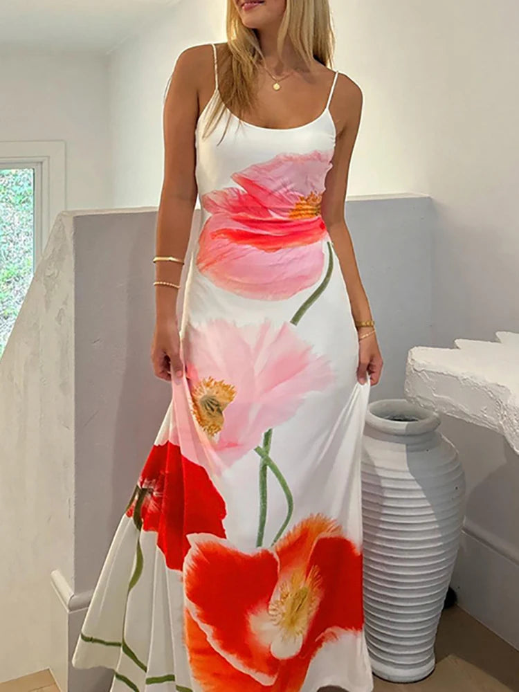 A&A Backless Printed Floral Vacation Maxi Dress