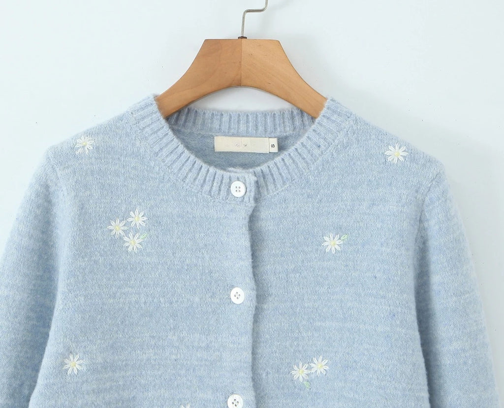 A&A Freesia Blue Embroidery Crewneck Cardigan