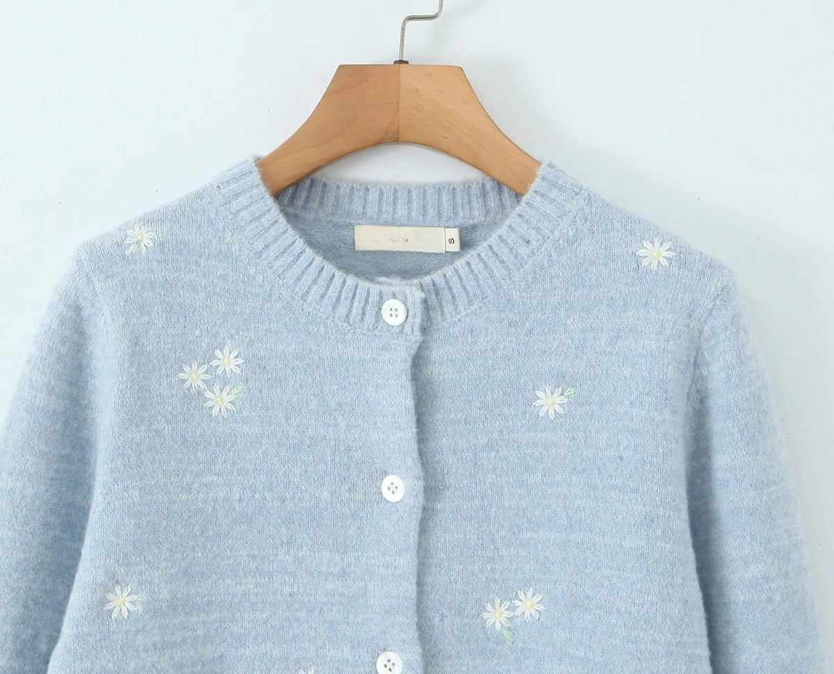 A&A Freesia Blue Embroidery Crewneck Cardigan