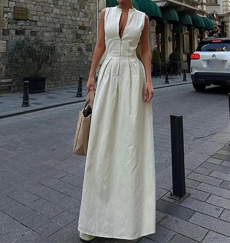 A&A Solid Sleeveless Half Zip A-line Maxi Dress