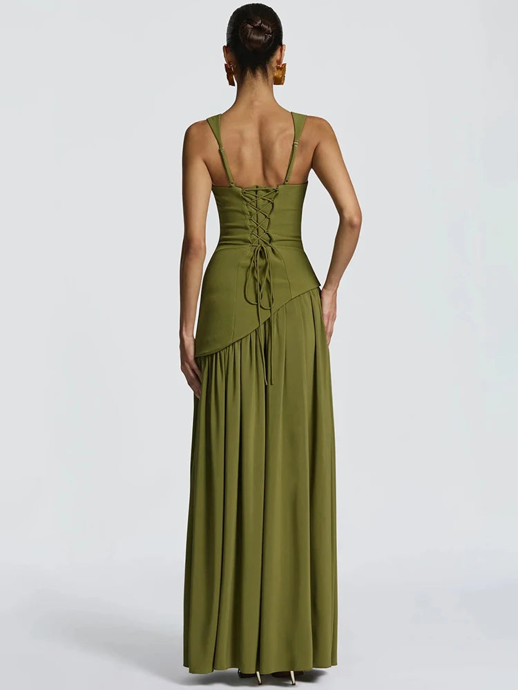 A&A Asymmetric High Slit Corset Maxi Dress