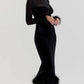 A&A Luxe Velvet Long Sleeved Feather Midi Bodycon Dress