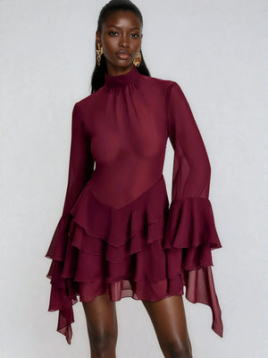 A&A Mesh Ruffle Long Sleeve Tiered Ruffle Dress