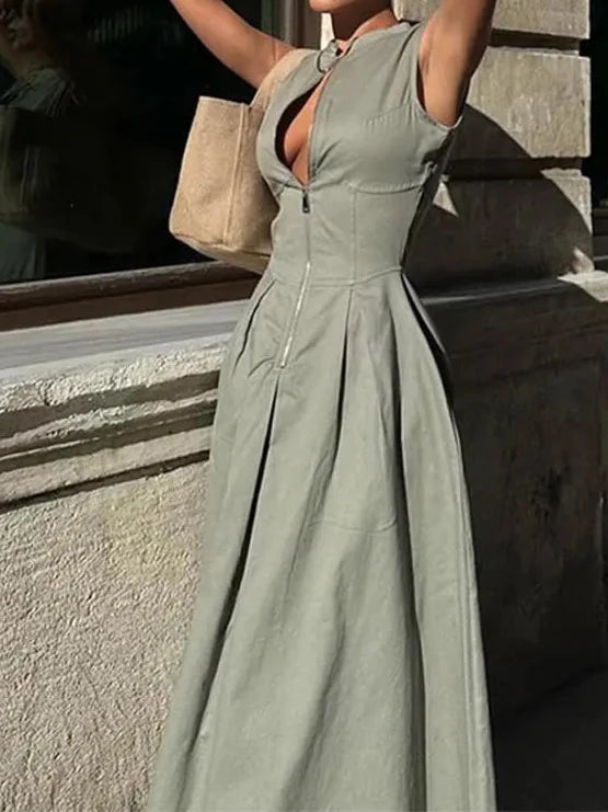 A&A Solid Sleeveless Half Zip A-line Maxi Dress