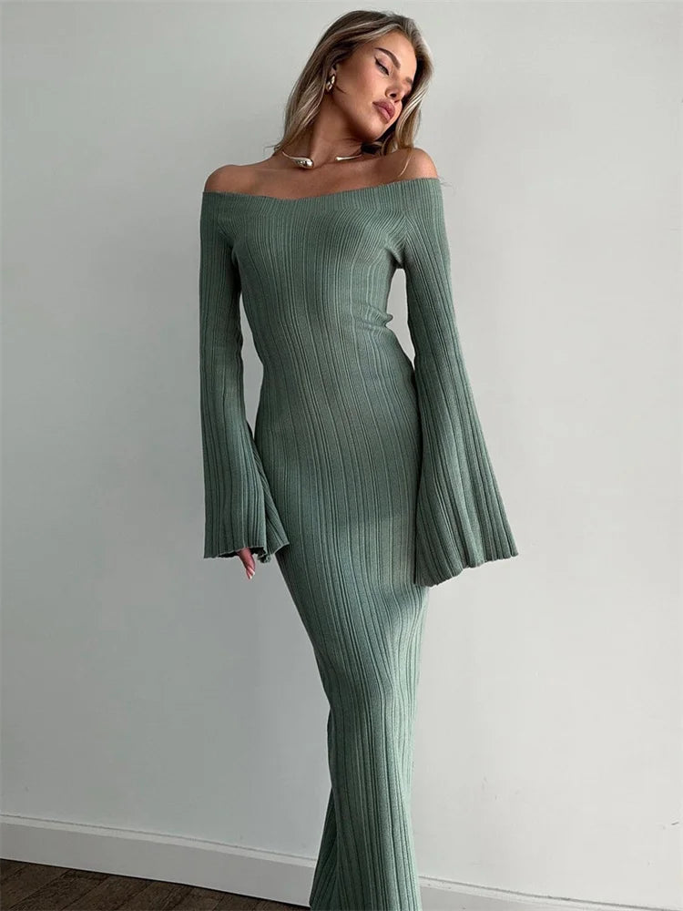 A&A Elegant Long Sleeve Ribbed Off-Shoulder Maxi Dress