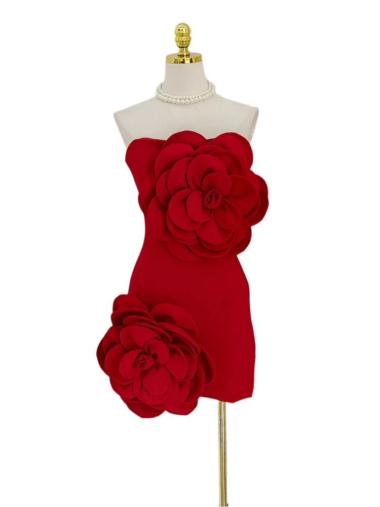 A&A Luxe 3D Strapless Flower Design Elegant Mini Dress