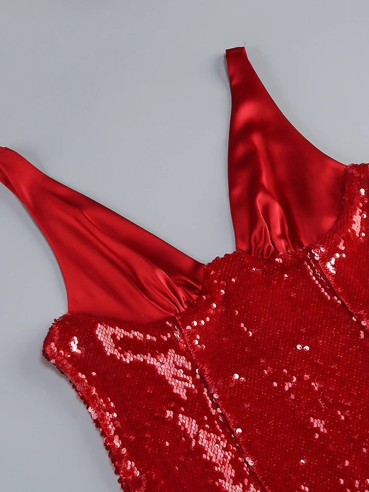 A&A Luxe V Neck Red Sequined Maxi Dress