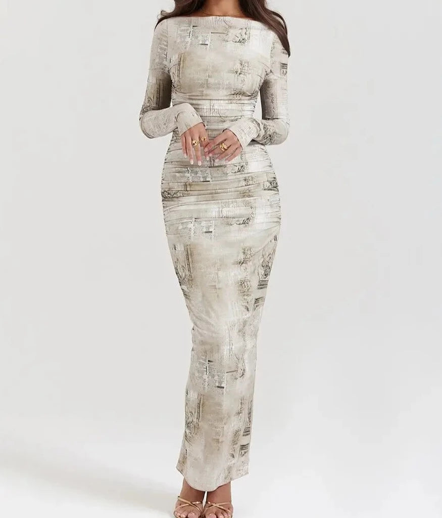A&A Elegant Long Sleeve Print Slit Bodycon Maxi Dress