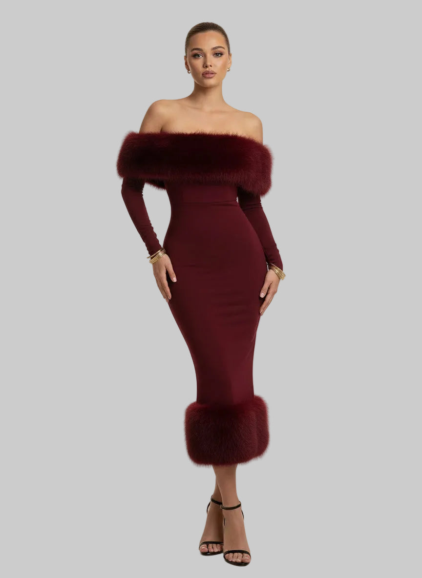 A&A Off-Shoulder Long Sleeved Faux Fur Burgundy Midi Dress