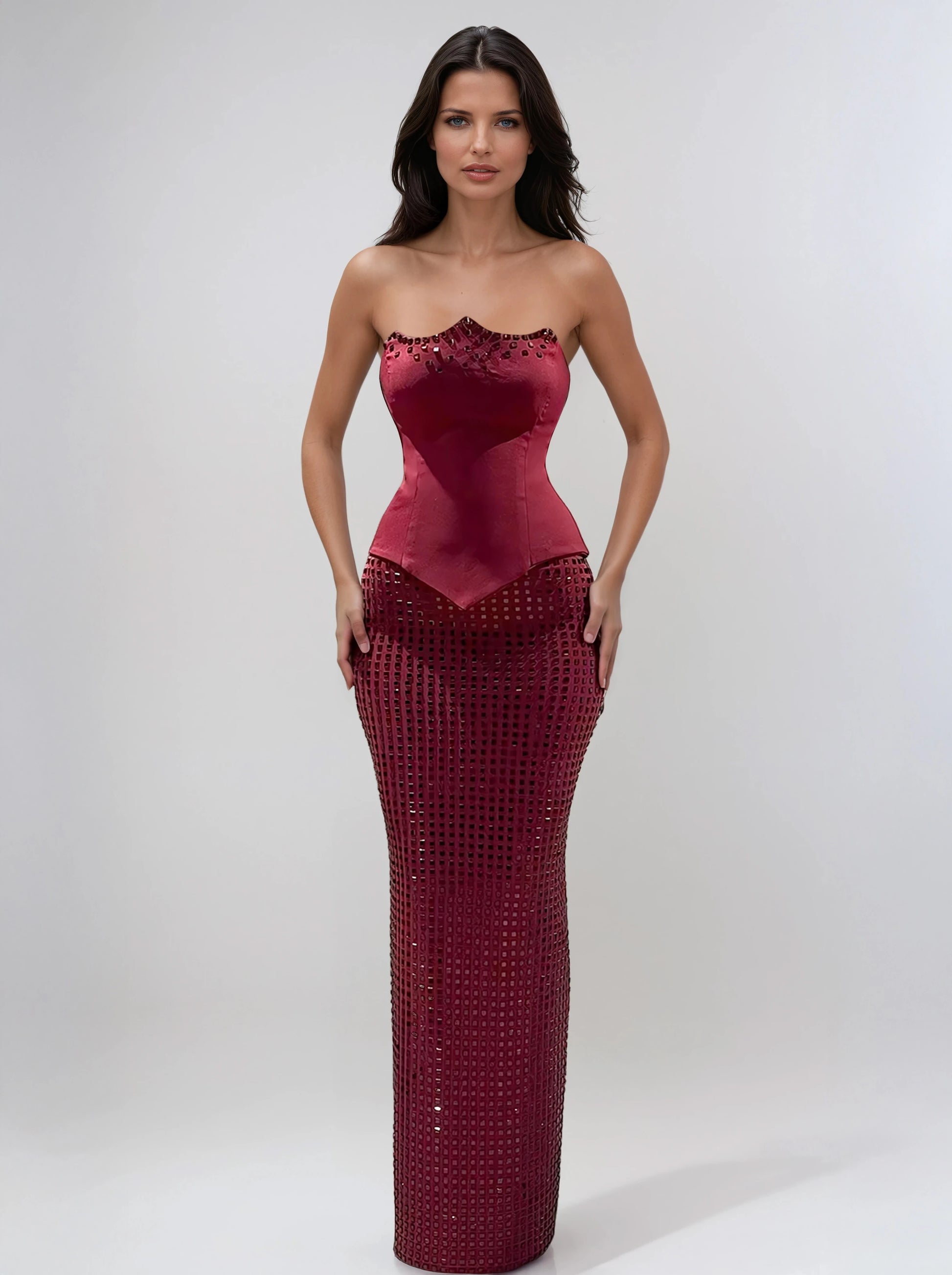 A&A Luxe Red Embellished Strapless Corset Sequin Maxi Skirt Set