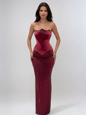 A&A Luxe Red Embellished Strapless Corset Sequin Maxi Skirt Set