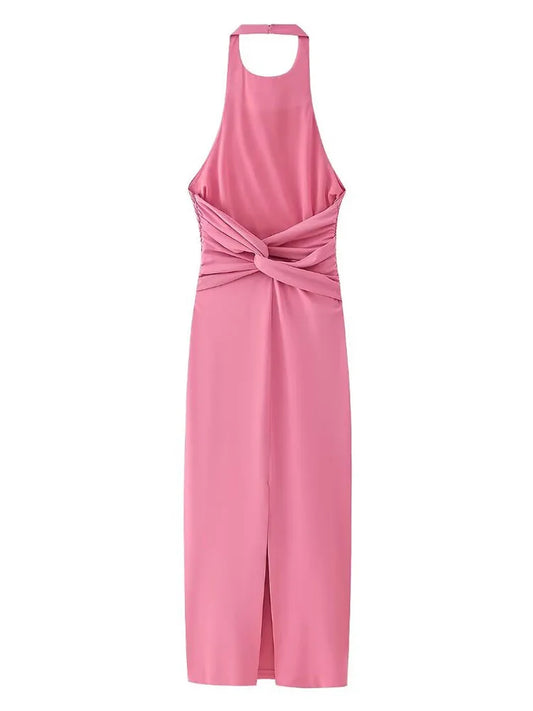 A&A Halter Neck Backless Slit Sweet Pink Midi Dress