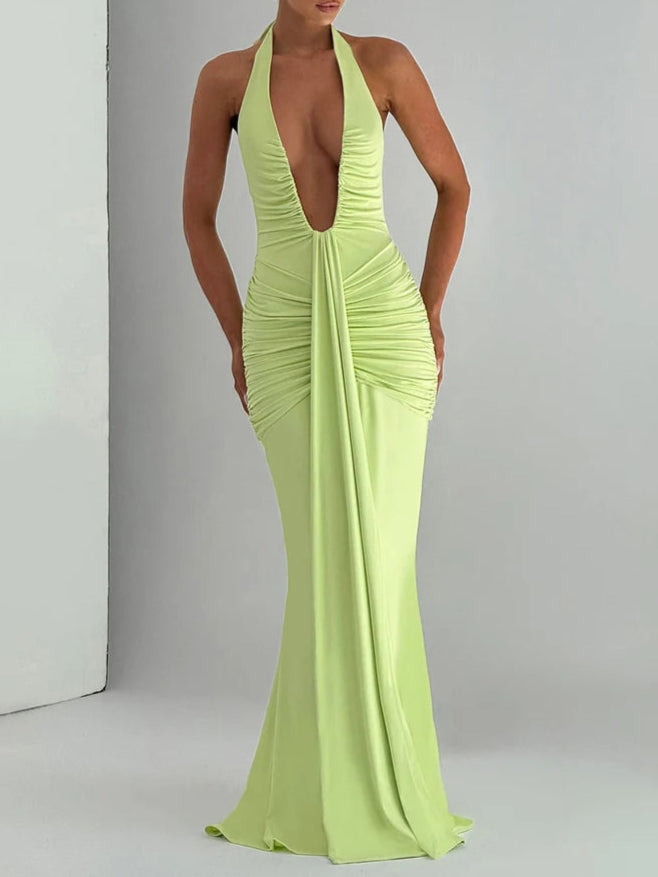 A&A Halter V Neck Backless Ruched Gown Maxi Dress