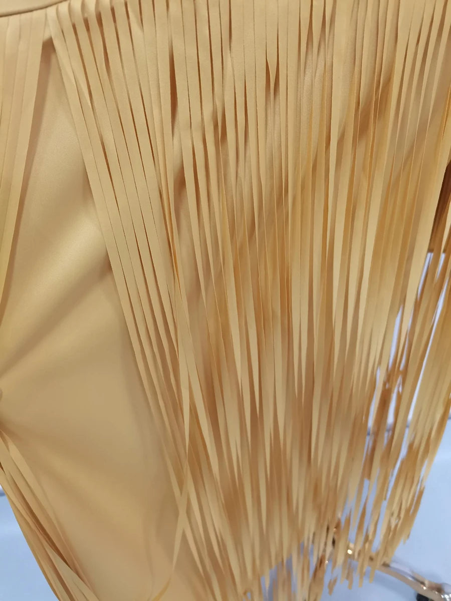 A&A Solei Asymmetric Cape Overlay Fringe Maxi Gown Dress