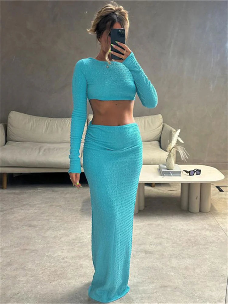 A&A Two Piece Set Long Sleeve Crop top And Maxi Skirt Outfit