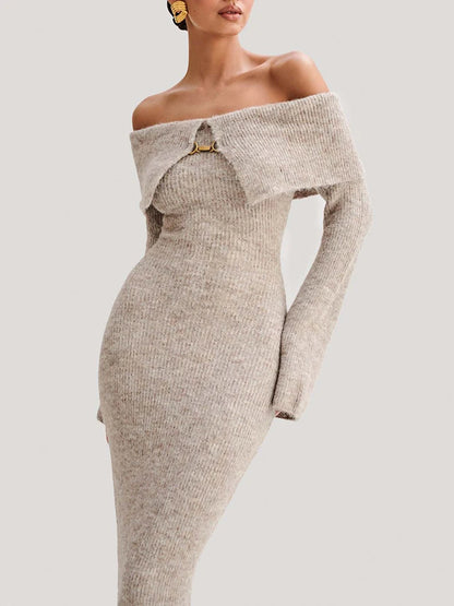 A&A Elegant Knitted Lapel Off Shoulder Maxi Dress