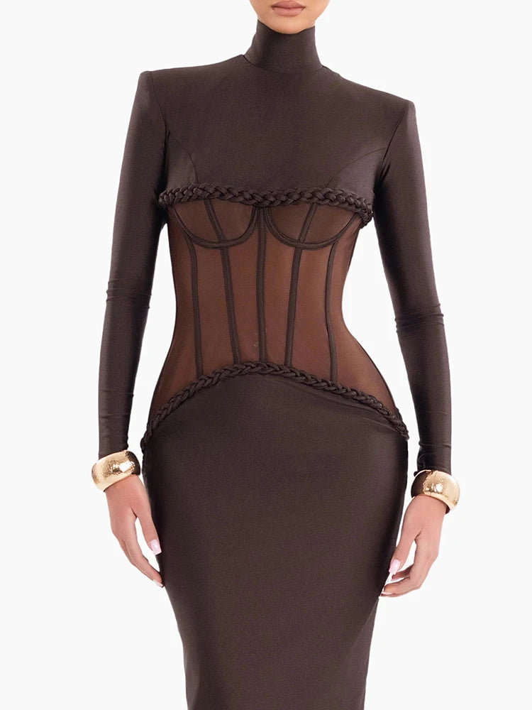 A&A Luxe Turtleneck Mesh Brown Long Sleeve Maxi Dress