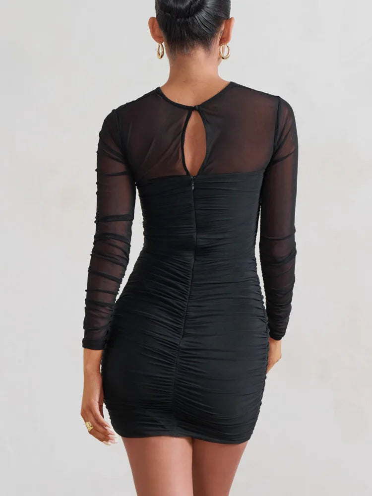 A&A Ruched Mesh Sheer Long Sleeve Bodycon Dress