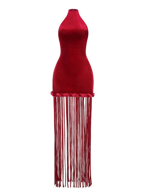 A&A Luxe Halter Neck Twist Knot Tassel Sleeveless Maxi Dress