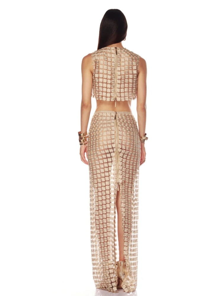 A&A Luxe Champagne Gold Embellished Two Piece Set Crop Top & Maxi Skirt