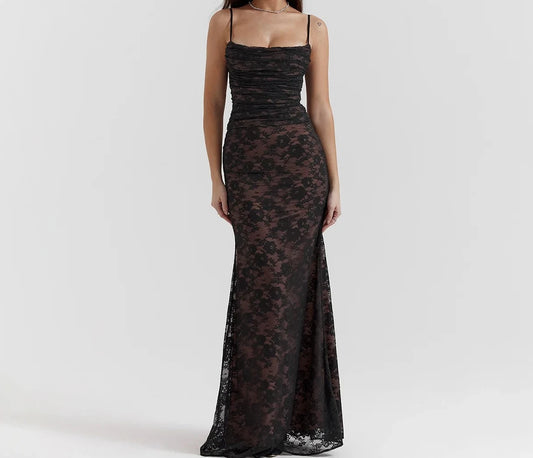 A&A Long Lace Maxi Black Lace Up Elegant Two Piece Event Dress