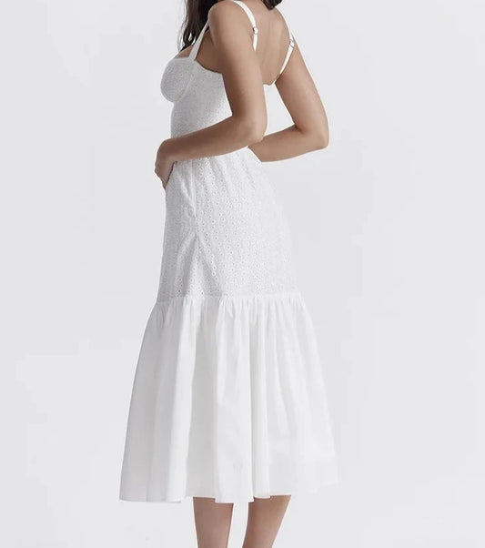 A&A Elegant White Spaghetti Strap A Line Midi Dress