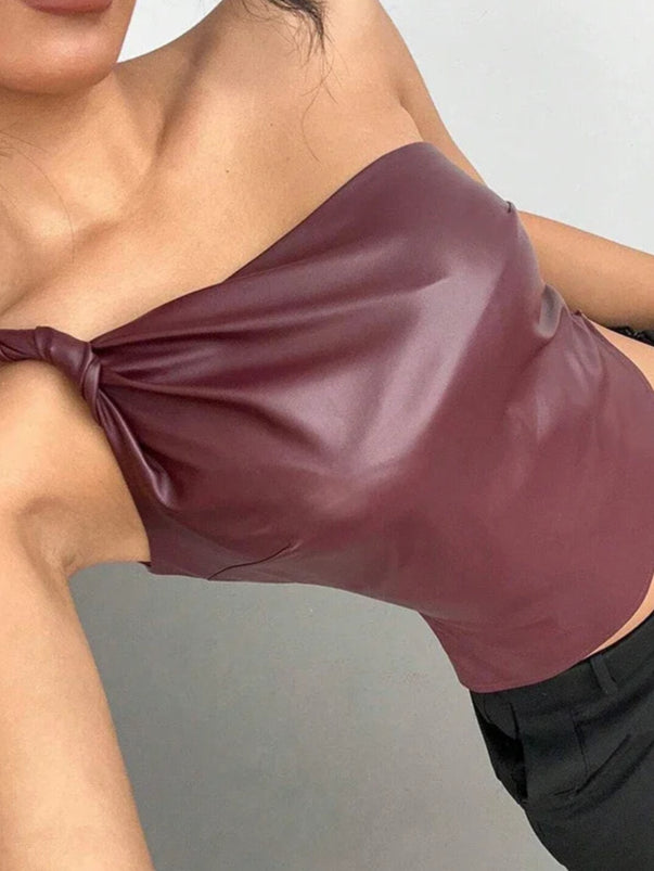 A&A Burgundy Twist Faux leather One Shoulder Cropped Top
