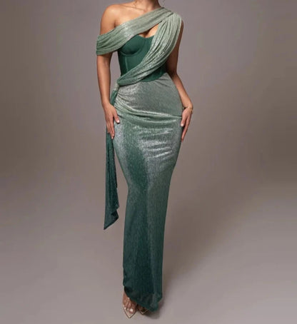 A&A Luxe One Shoulder Draped Sparkle Maxi Corset Dress