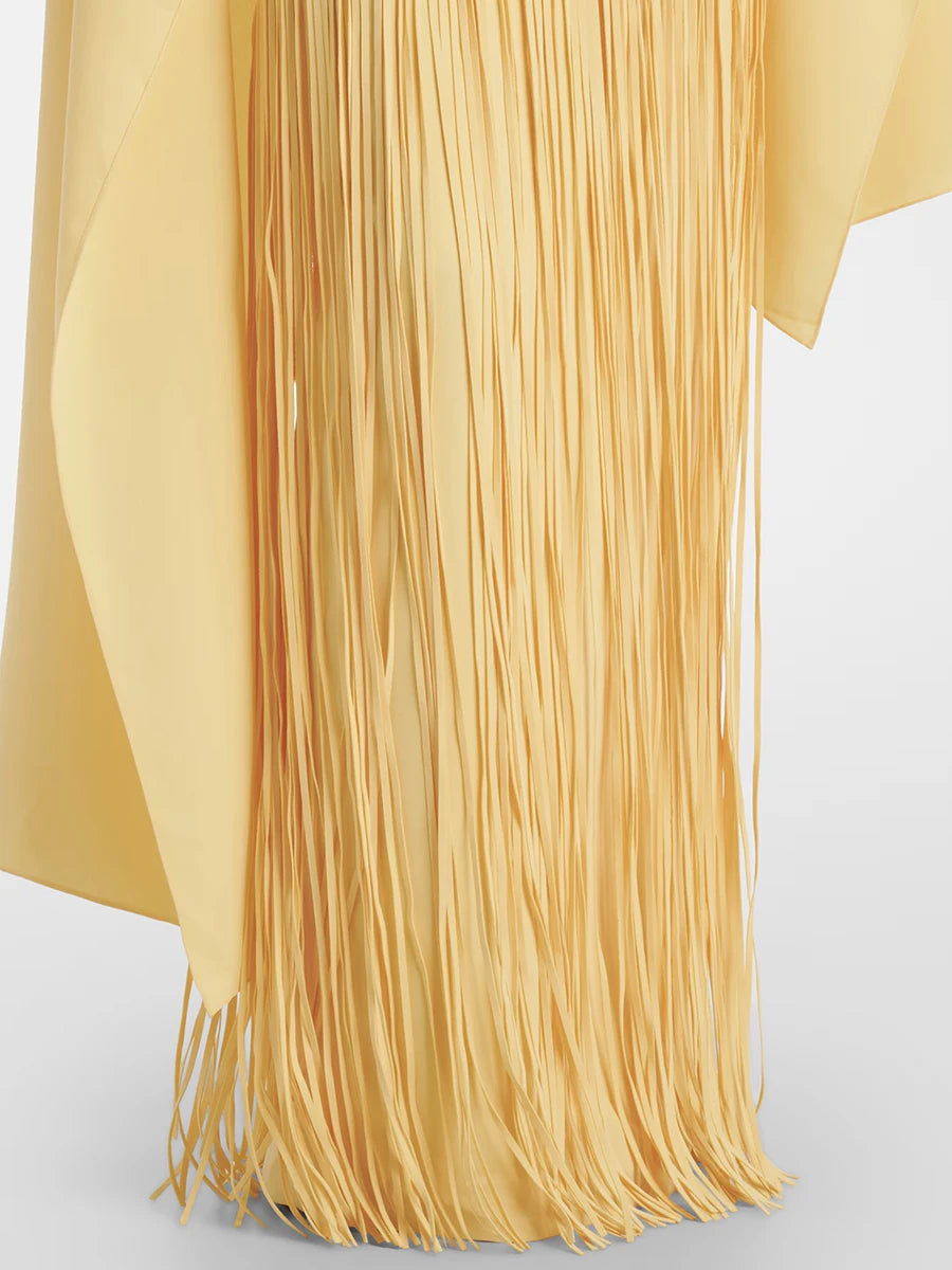 A&A Solei Asymmetric Cape Overlay Fringe Maxi Gown Dress