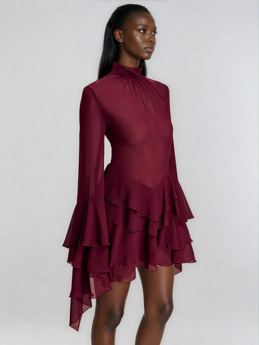A&A Mesh Ruffle Long Sleeve Tiered Ruffle Dress