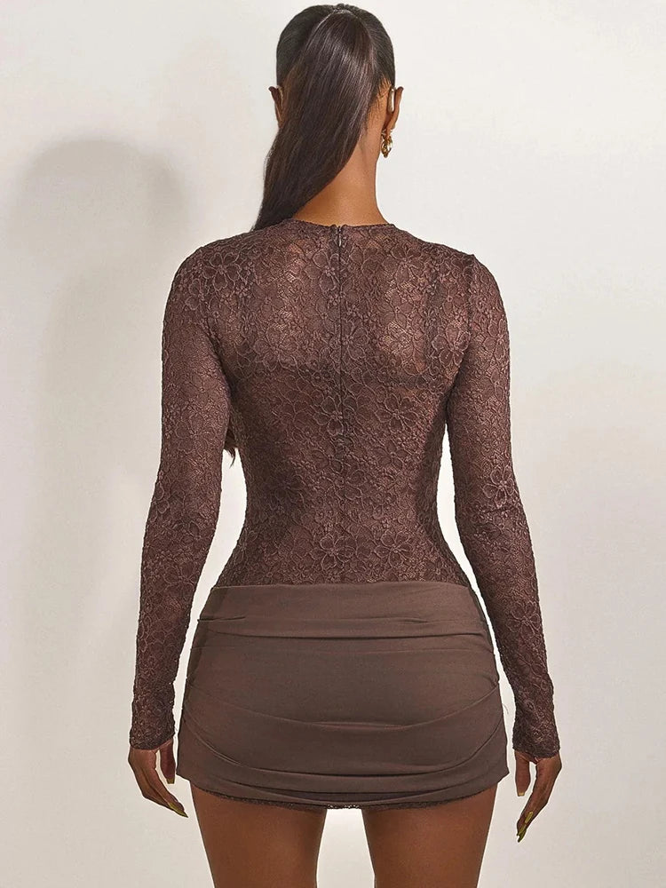 A&A Lace Sheer Mesh Ruched Minin Dress