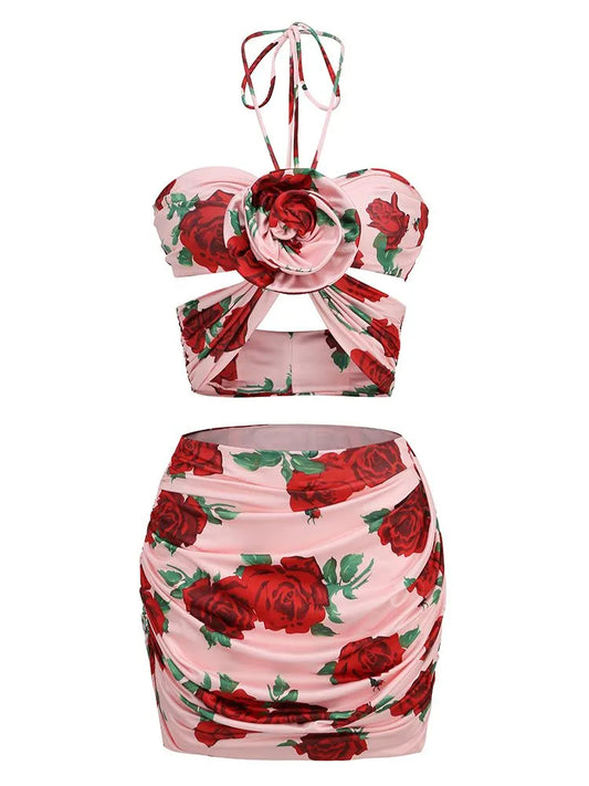 A&A Luxe Floral Mini Bodycon Two Piece Halterneck Skirt Set