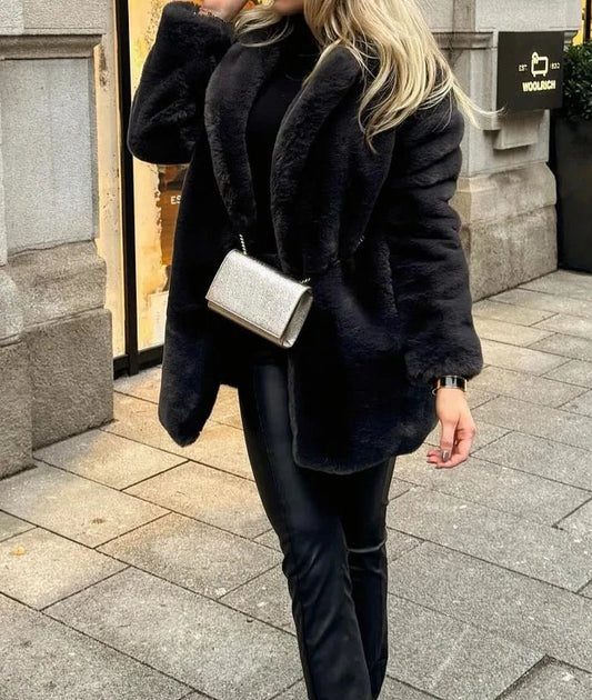 A&A Black Soea Faux Fur Long Sleeve Coat