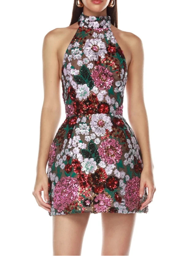A&A Luxe Halter Neck Embroidered Floral Sequined Mini Dress