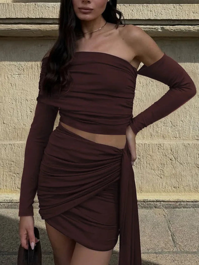 A&A One Shoulder Draped Skirt Two Piece Set