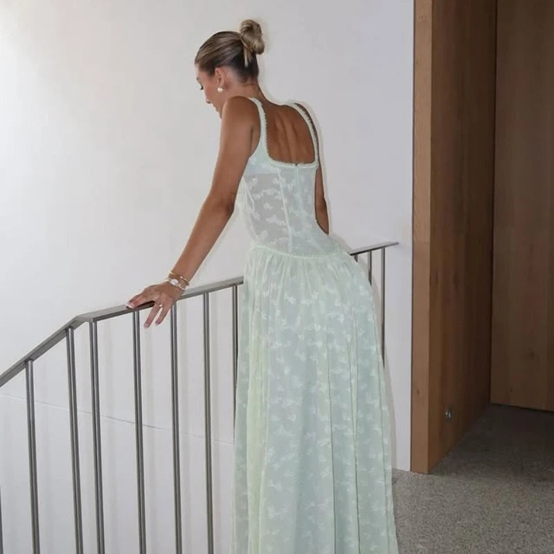 A&A Summer High Slit Mesh Embroidered Maxi Dress