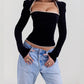 A&A Square Collar Bandage Black Long Sleeved Top