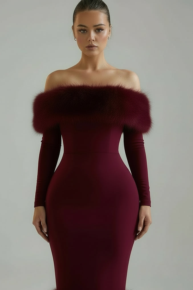 A&A Off-Shoulder Long Sleeved Faux Fur Burgundy Midi Dress