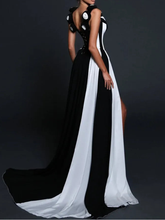 A&A Luxe Striped Monochrome Corset Bodice High Slit Maxi Dress