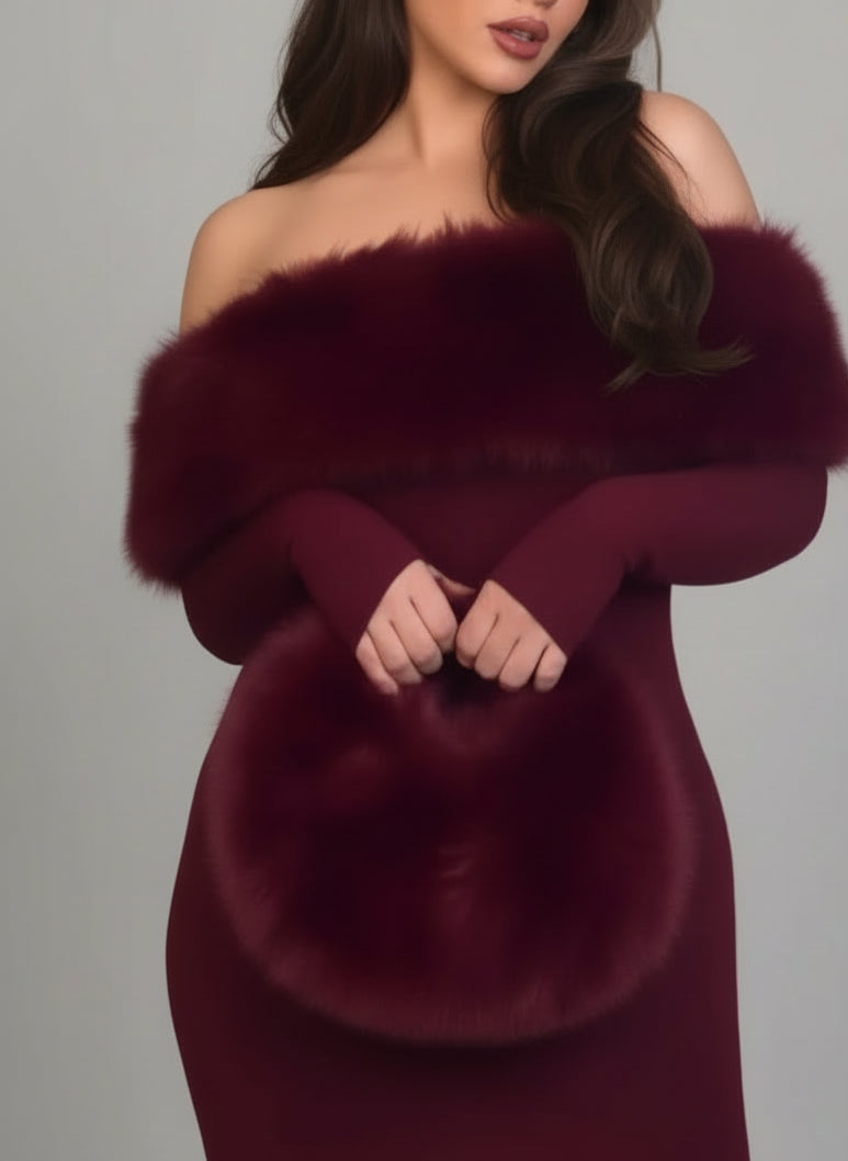 A&A Off-Shoulder Long Sleeved Faux Fur Burgundy Midi Dress