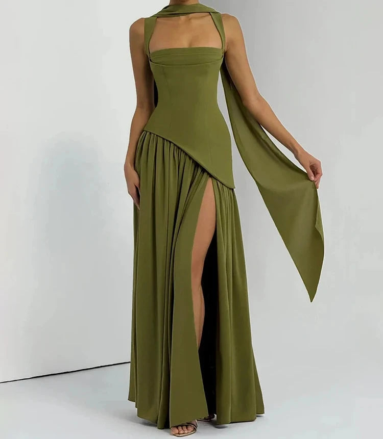 A&A Asymmetric High Slit Corset Maxi Dress