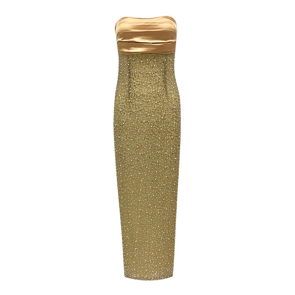 A&A Luxe Strapless Rhinestone Embellished Gold Maxi Gown Dress